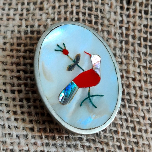 Vintage Zuni Style Southwestern Abalone Cardinal Red Bird - Picture 3 of 14